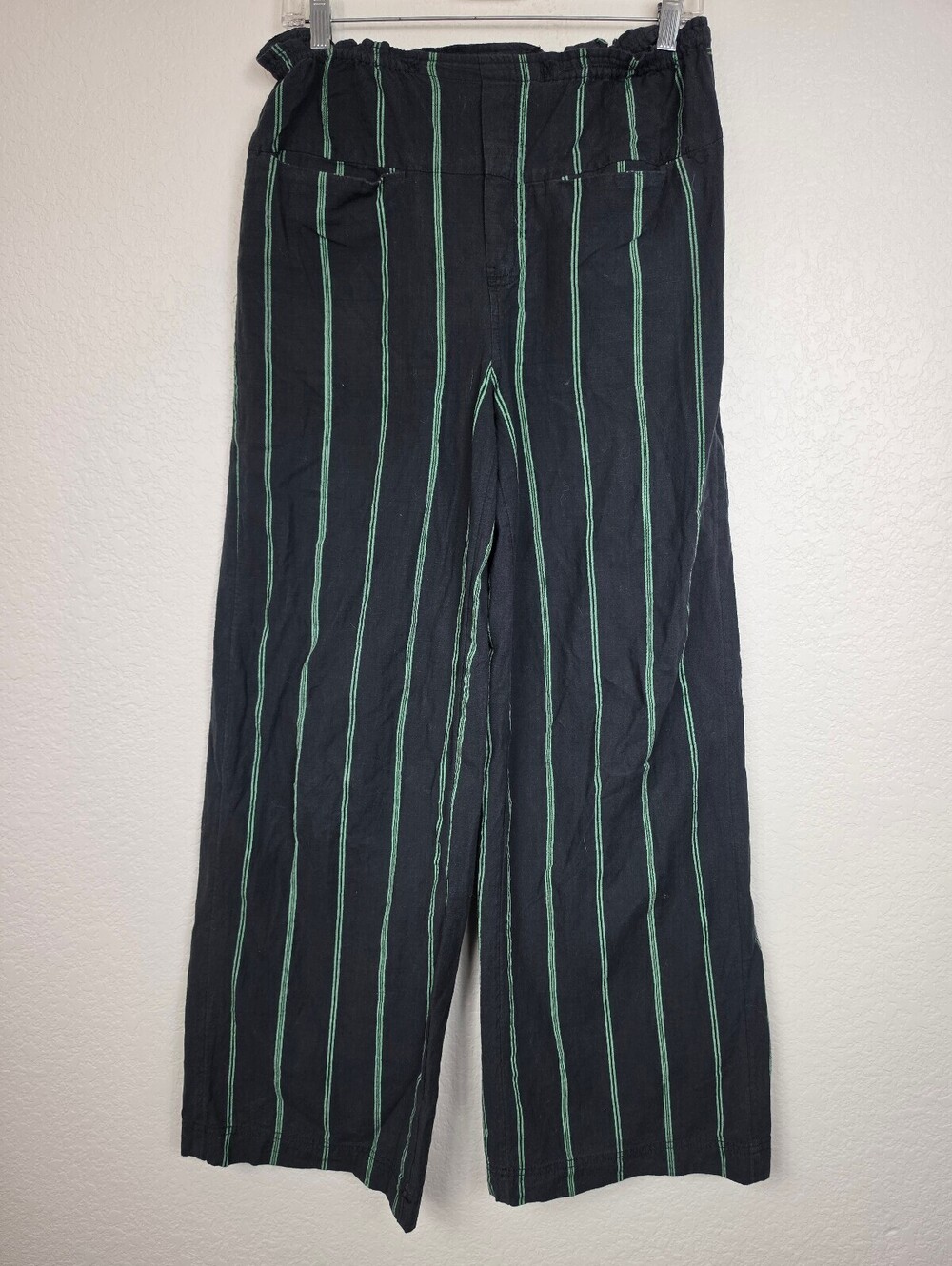 Free People Black Green Striped Wide Leg Pants